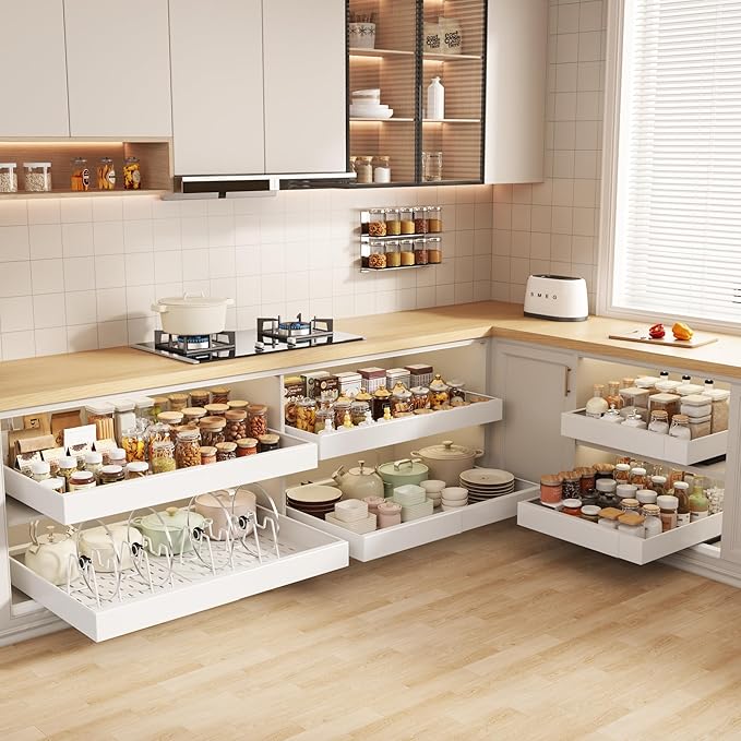 2 Pack Pull out Cabinet Organizer 21"Deep With Raising Pad for Framed Cabinets, Expandable Slide out Drawers for Kitchen Cabinets with 4pcs Divider Racks, Roll out Shelves 15.2"-26.3"W White