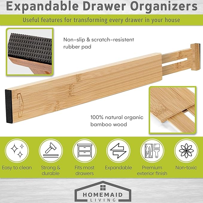 Homemaid Living Bamboo Drawer Organizer Adjustable and Expandable - Ideal Drawer Dividers for Kitchen, Dresser, Bedroom and Bathroom - Expandable Drawer Organizer Set of 4 - Water-Resistant Finish