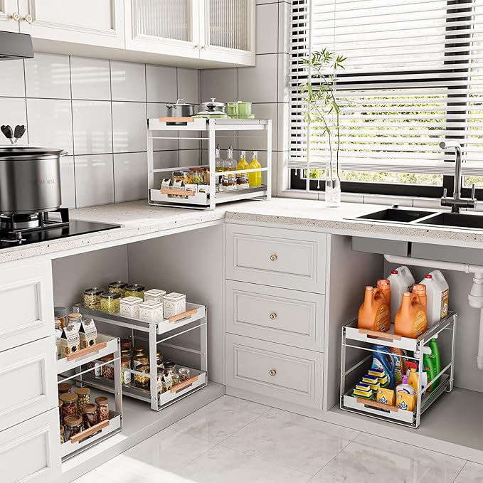 Under Sink Organizer, Pull Out Cabinet Organizer 2 Tier Slide Out Sink Shelf Cabinet Storage Metal Shelves, Sliding Under Sink Storage for Kitchen Bathroom Laundry Cabinet, Grey, 1 Pack (White)