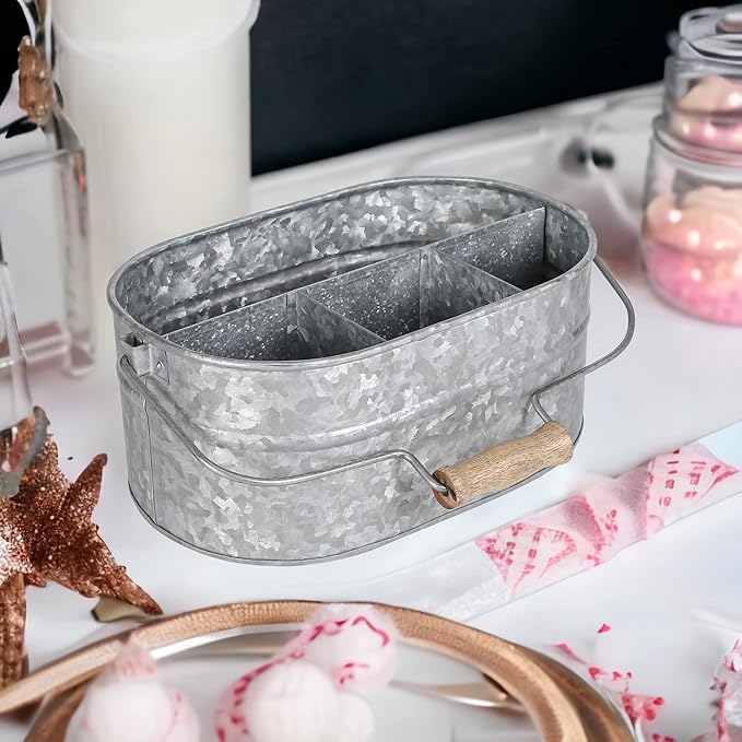 CLEENTABLE Galvanized Farmhouse Utensil Caddy – 4-Compartment Tin Organizer for Kitchen, Parties & Outdoor Use (13.5” L x 10” W x 5.5” H, Removable Handle)