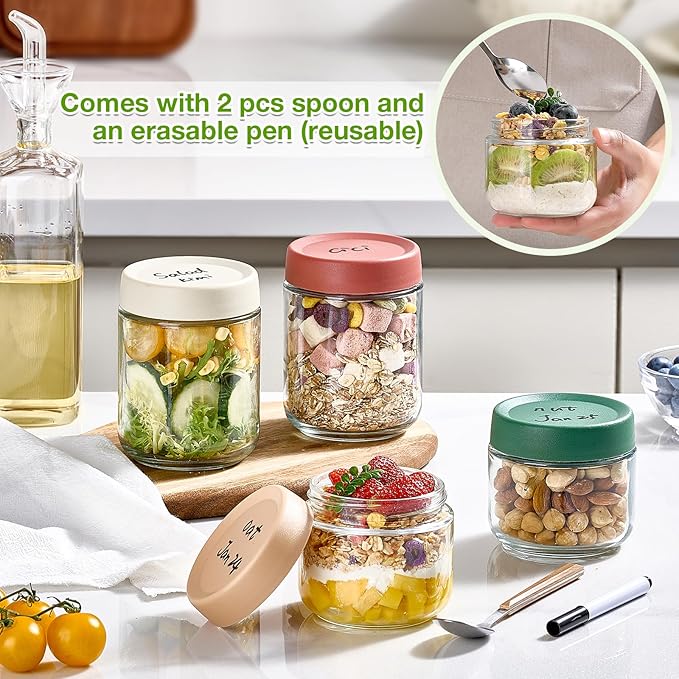 8 Pack Overnight Oats Containers with Lids, Large & Small Glass Mason Jars 16oz & 10 oz, Breakfast Oatmeal Container to Go, Salad Meal Prep Jars for Food Storage, Mush Chia Seed Pudding Jars