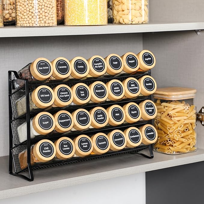 AOZITA Spice Rack Organizer for Cabinet, 28 Empty Spice Jars with Bamboo lids, Funnel, Spice Labels, Seasoning Organizer for Countertop, Cabinet, Kitchen, Pantry, Cupboard