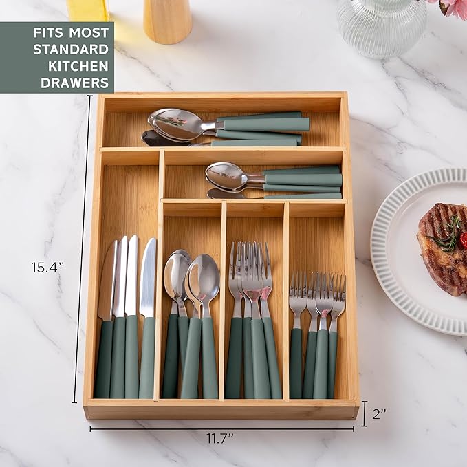 COOK WITH COLOR Bamboo Kitchen Utensil Set with Drawer Organizer | Cooking Tools and Storage Caddy, Sage, 25 Piece Cutlery Set