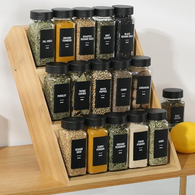 36 Glass Spice Jars with Labels,Spice Jar Set,4oz Seasoning Containers,Spice Containers with Black Airtight Lids and Shaker Lids,Square Empty Spice Bottles, 492 Labels,2 Marker Pens,1 Funnel
