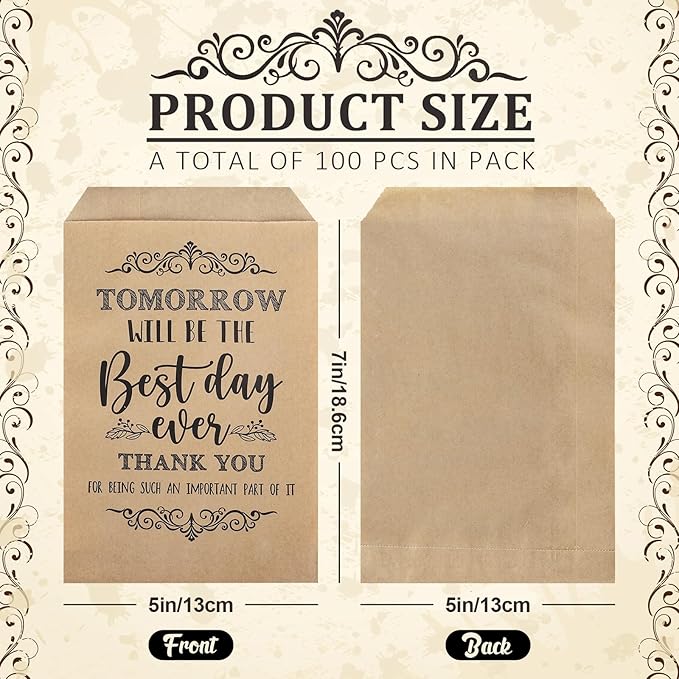 Whaline 100Pcs Silverware Bags 5 x 7 Inch Rustic The Best Day Ever Kraft Wax Cutlery Bags Utensil Holders Reusable for Wedding, Rehearsal Dinner, Engagement, Barbeque, Banquet Supply