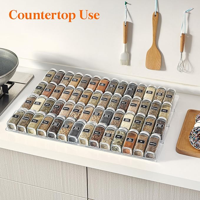 Lifewit Plastic Adjustable Spice Drawer Organizer, Expandable Spice Rack for Countertop, Jar Storage Tray for Condiment, Seasoning, Syrup,Liquor, Medicine for Kitchen, Pantry, Set of 8, Clear