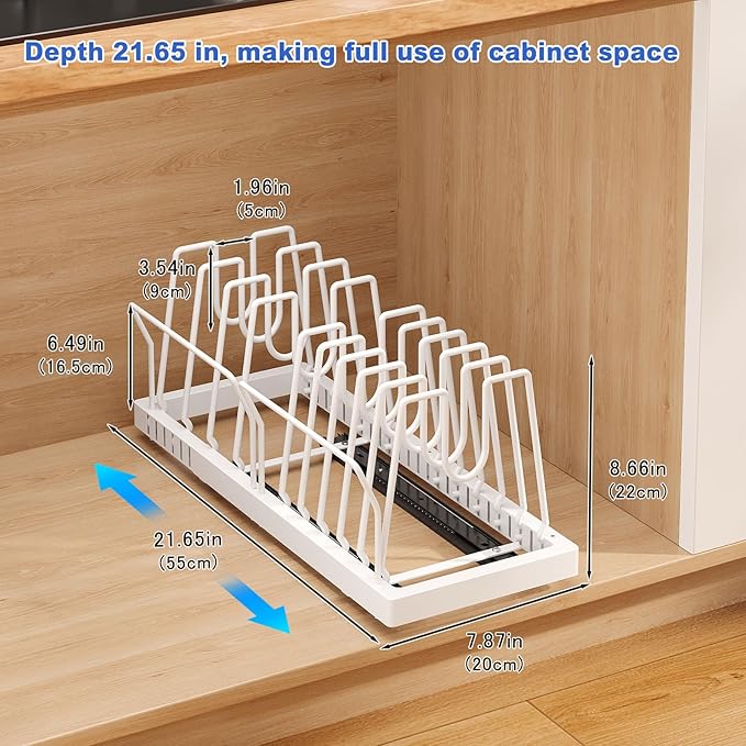 2 Pack Pots and Pans Organizer Under Cabinet, 21.6" Deep Pull Out Pot Lid Organizer Holder with Guardrail Adhesive Pot and Pan Holder Rack with 10 Adjustable Dividers(White)