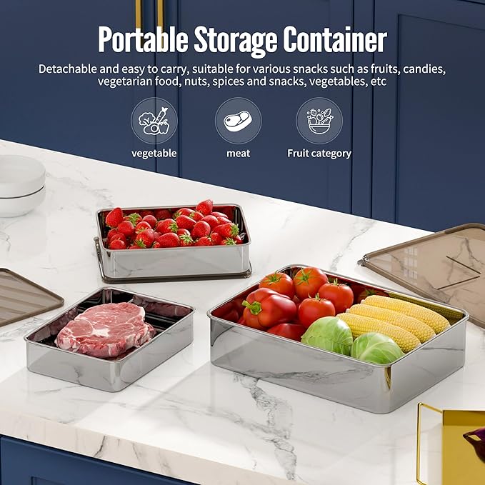 3pcs Stainless Steel Food Storage Containers with Lids,Bento Lunch Box,Metal Meal Prep Food Containers Reusable Stackable Oven/Dishwsher/Freezer safe (2000ml)