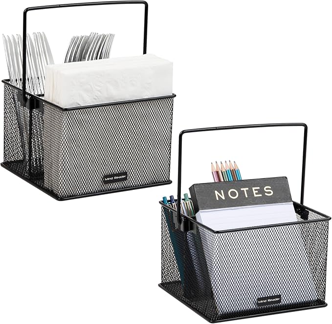 Mind Reader Utensil Holder, Silverware Organizer, Caddy, Kitchen, Metal Mesh, 7"L x 7"W x 5"H, Set of 2, Black