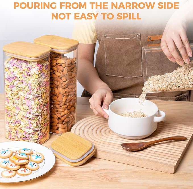 ComSaf 63oz Rectangle Glass Storage Containers with Lids, Glass Jars with Bamboo Lids, Clear Food Jar, Square Canister Set of 3, Pantry Organizers and Storage for Flour Pasta Coffee Bean