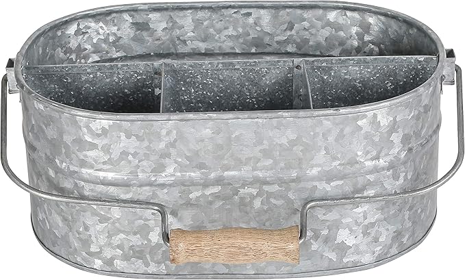 Alpha Living Home - Galvanized Metal Utensil Caddy – Rustic Farmhouse Organizer for Kitchen, Buffet & Outdoor Events, 13.5"x10"x5.5" with Removable Handle & Multi-Compartment Storage