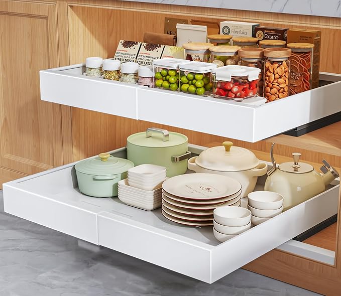 1 Pack Pull Out Cabinet Organizers 21" Deep,Expandable Slide Out Drawers Upgrade 3 Slide Rails,Roll Out Shelves Adhesive,Adjustable Width 12"-20.45" White