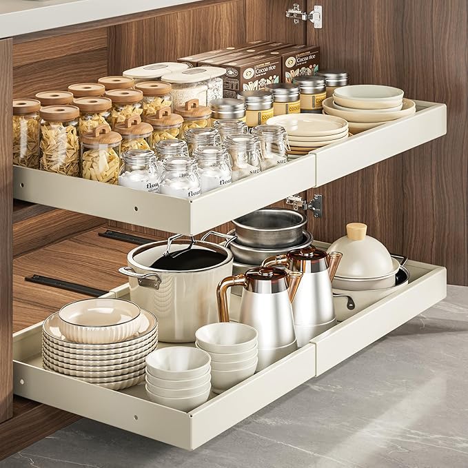 Pull Out Cabinet Organizer,Expandable(13.78''-19.69''),Strong load-bearing nano adhesive fixed metal shelf,Suitable for kitchen cabinets, sideboards, bathrooms, under sinks(16.9''Deep,White)