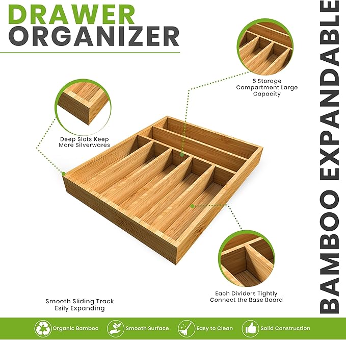 Utopia Kitchen Silverware Organizer, Bamboo Utensil Drawer Organizer for Cutlery, Utensils & Flatware (7 Compartment, Natural) Pack of 1