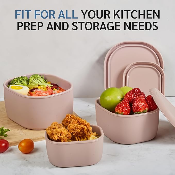 ISSEVE 12Pcs/Set Nesting Silicone Food Storage Containers with Lids, BPA Free Reusable Meal Prep Silicone Containers Airtight, Freezer Dishwasher Safe (33.8oz, 20oz, 10oz, 6.7oz, 1.3oz) (Pink)