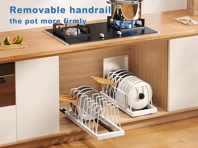 2 Pack Pots and Pans Organizer Under Cabinet, 21.6" Deep Pull Out Pot Lid Organizer Holder with Guardrail Adhesive Pot and Pan Holder Rack with 10 Adjustable Dividers(White)