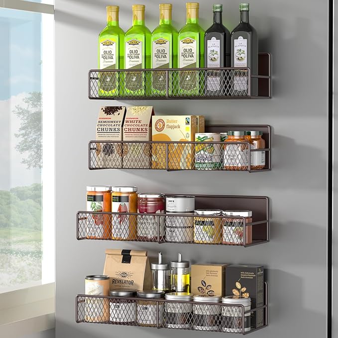 Magnetic Spice Rack for Refrigerator, 4 Pack Metal Magnetic Shelf Brown, Moveable Spice Organizer, Super Magnetic Fridge Shelf for Kitchen Organization and Storage
