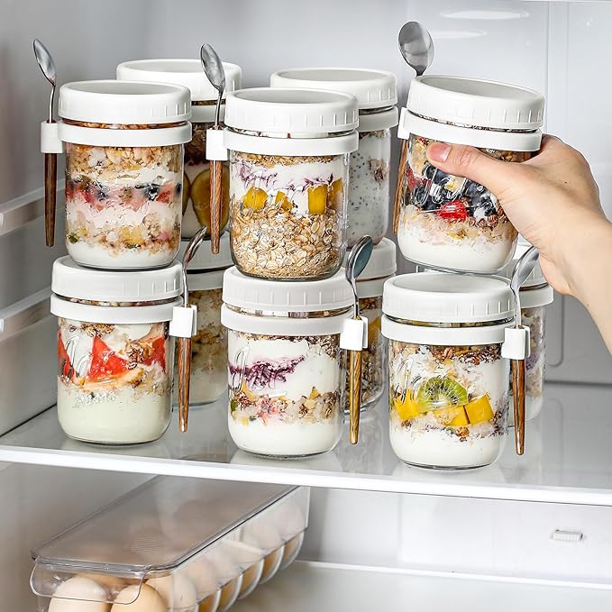 LANDNEOO 6 Pack Overnight Oats Containers with Lids and Spoons, 16 oz Glass Mason Overnight Oats Jars, Large Capacity Airtight Jars for Milk, Cereal, Fruit(White)