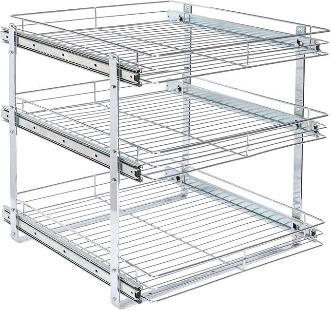 Household Essentials Glidez Multipurpose Chrome-Plated Steel Pull-Out/Slide-Out Triple-Sliding Storage Organizer for Cookware and Bakeware - 3-Tier Design - Fits Standard Size Cabinet or Shelf, Chrome
