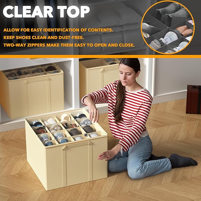 SpaceAid Shoe Organizer for Closet, 2 Pack Foldable Shoe Storage Containers Baskets Boxes Bins w/Adjustable Dividers, Fits 16-32 Pairs, Beige