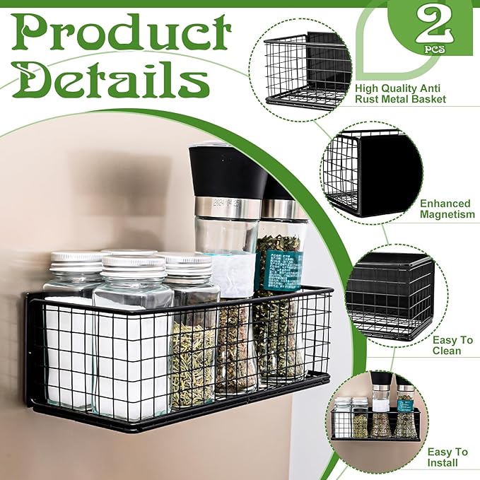 2 Pack Magnetic Basket for Fridge Magnetic Fridge Shelf Versatile Metal Organizer Storage Bin Moveable Strong Magnetic Spice Rack Organizer for Home Kitchen Office Refrigerator Holds