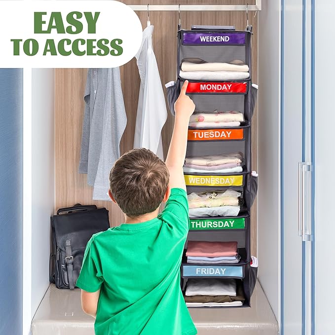 2 Pack 6-Shelf Weekly Clothes Organizer for Kids, Hanging Daily Closet Organization with 6 Side Pockets, Days of The Week Clothing Divider Storage for Boys and Girls (Grey)