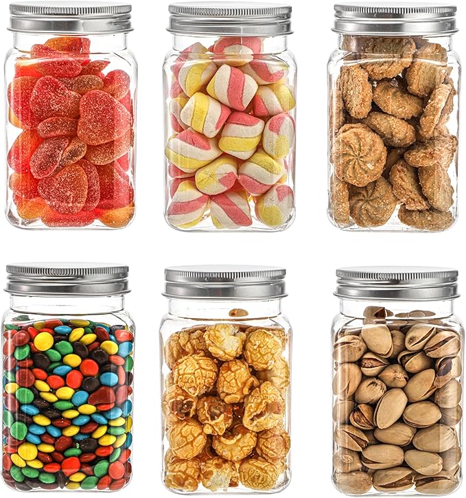 Bekith 12oz Clear Plastic Jars with Lids, Set of 16 Airtight Container for Food Storage, Refillable Square Empty Plastic Jars for Dry Food, Peanut Butter, Honey and Jam Storage
