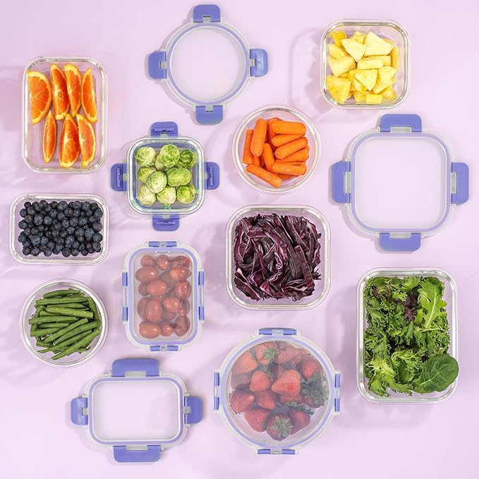 JoyJolt 24pc Borosilicate Glass Storage Containers with Lids. 12 Airtight, Freezer Safe Food Storage Containers, Pantry Kitchen Storage Containers, Glass Meal Prep Container for Lunch