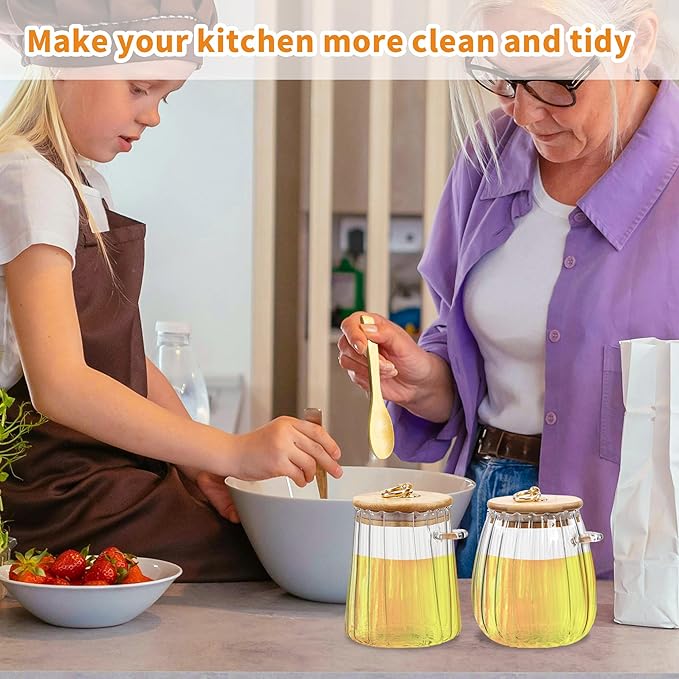 2 Pcs Glass Jars with Bamboo Lids and Spoon, Sugar Container Set, Coffee Grounds Container, Jars for Overnight Oats, Loose Leaf Tea Storage, Spice Jars for Countertop (2)