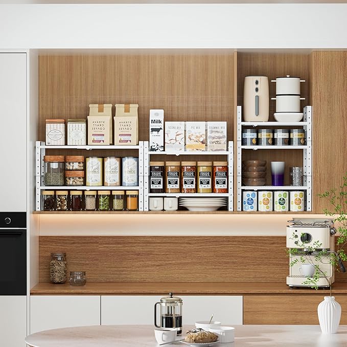Expandable Stackable Aadjustable Spice Rack Pantry Shelf for Kitchen Cabinets Counter Shelves Countertop Cupboard Storage Solution,Sturdy Heavy-Duty Metal Construction(2Packs/White/Medium)
