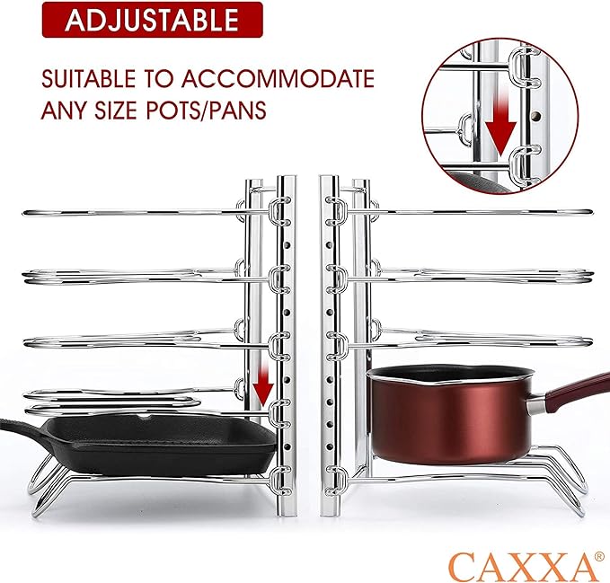 CAXXA Heavy Duty Pan Rack, Pot Lid Rack, Kitchen Cabinet Pantry Cookware Organizer Rack Holder with 5 Adjustable Dividers, Chrome