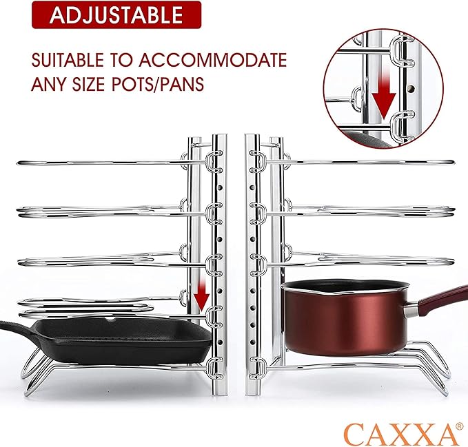 CAXXA Heavy Duty Pan Rack, Pot Lid Rack, Kitchen Cabinet Pantry Cookware Organizer Rack Holder with 5 Adjustable Dividers, Chrome