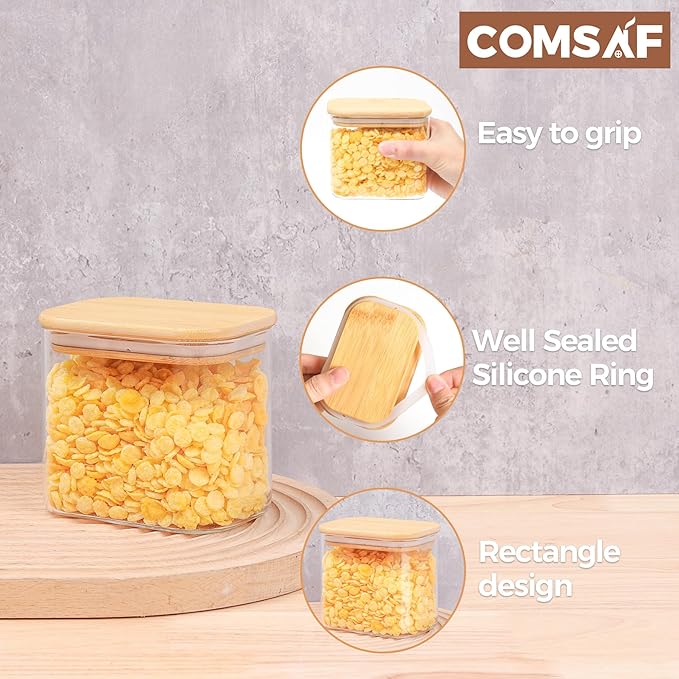 ComSaf 26oz Rectangle Glass Storage Containers with Lids, Glass Jars with Bamboo Lids, Clear Food Jar, Sugar Coffee Containers, Small Pantry Storage Container for Tea Candy Nuts Spices Oat