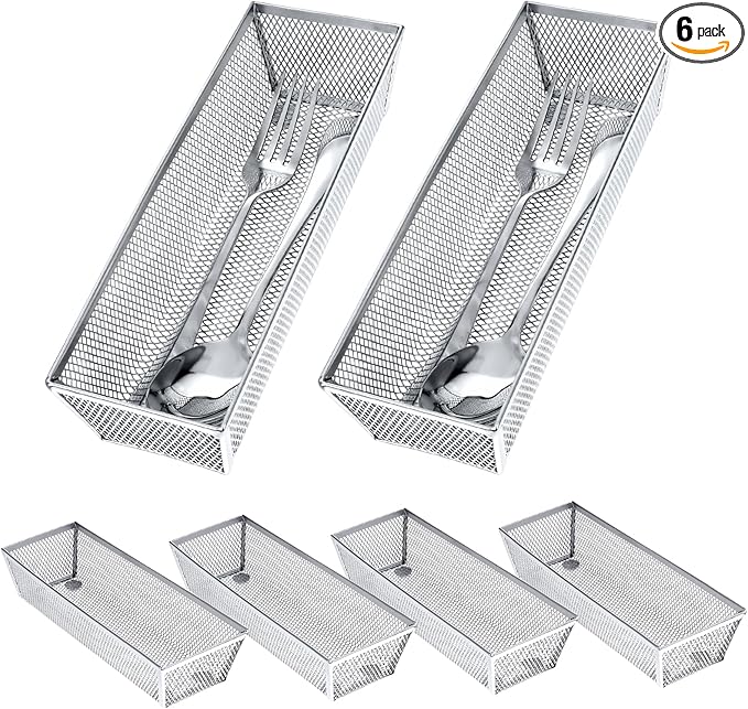 6 Pack Silverware Organizer, Mesh Small Utensil Drawer Organizer Silverware Holder for Kitchen Drawer, Metal Narrow Cutlery Drawer Organizer for Flatware, Knives, Spoons Storage 3x9x2 Inch
