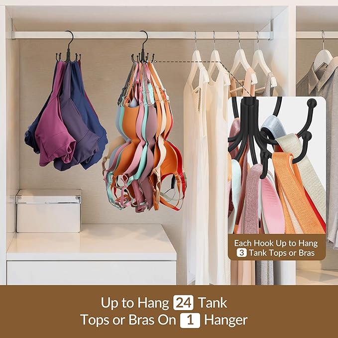 ZEDODIER Tank Top Hanger, 2 Pack Rotatable Bra Organzier for Closet, Max 48 Storage Capacity Sport Bra Holder, Metal Space Saving Closet Organizers and Storage, Black