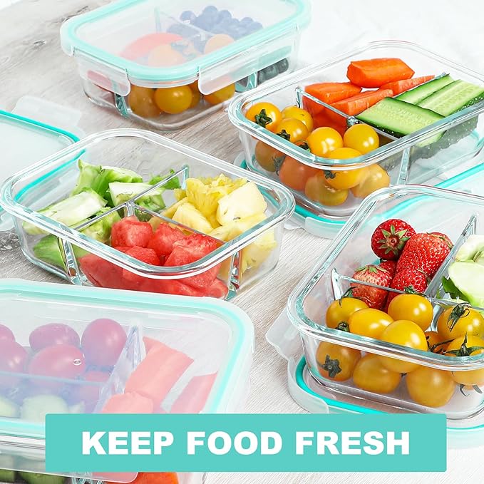 BAYZZ 5 Pack 35 Oz Glass Meal Prep Containers 3 Compartments, Glass Food Storage Containers with Lids, Airtight Bento Box Lunch Container-Microwave, Freezer, Dishwasher Safe,Green
