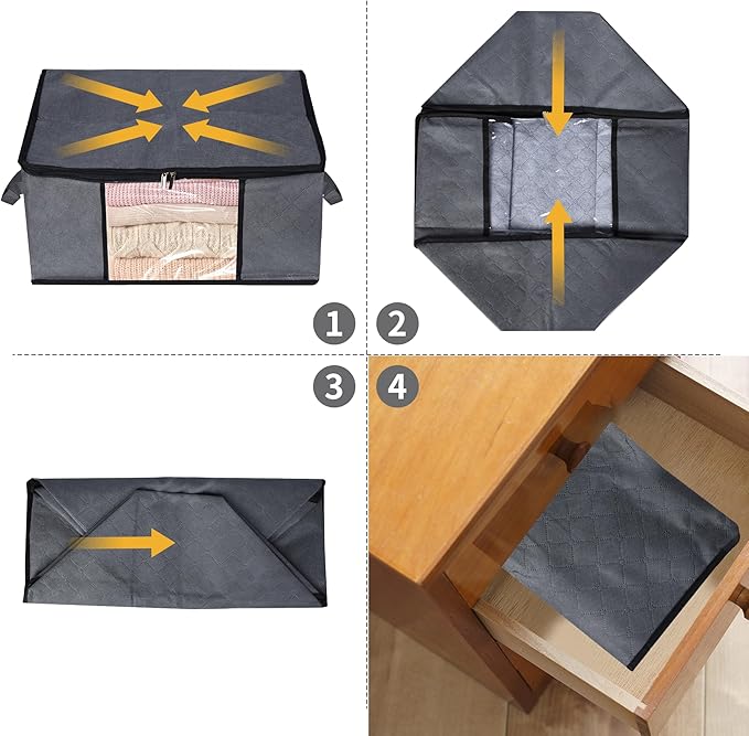 2 Pack Clothes Organizer Storage Bags with Zipper, 45L Foldable Blanket Storage Box with Clear Window Sturdy Handles for Closet, Dorm, Pillows, Bedding, Sweater, Clothing, Gray