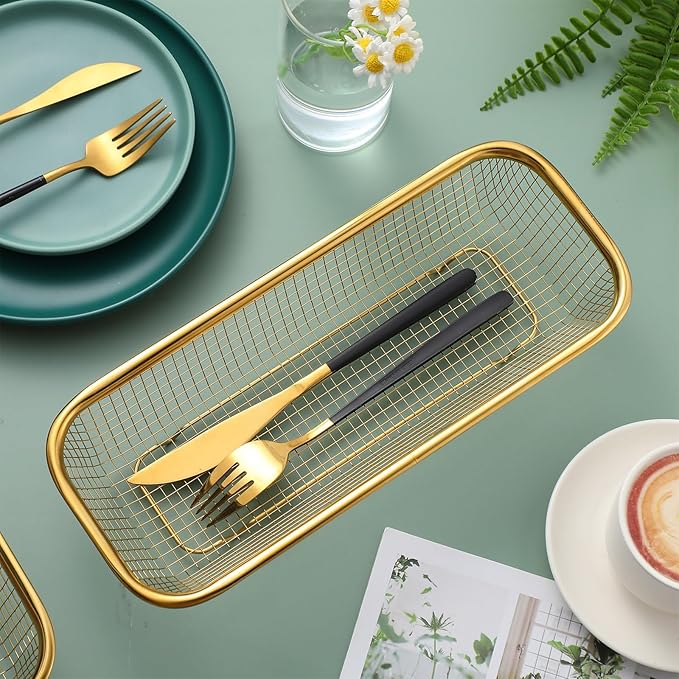 4 Pcs Gold Kitchen Drawer Baskets Stainless Steel Storage Container Mesh Storage Golden Utensil Holder Wire Basket Stackable Drying, 12 x 5 x 2 Inch