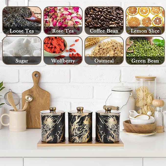 3 Pack Ceramic Canister Set with Lids and Bamboo Tray, Coffee Tea Sugar Container Set, Ceramic Storage Jar Decorative Storage Pots Kitchen Canister for Countertop, Black Marble Style