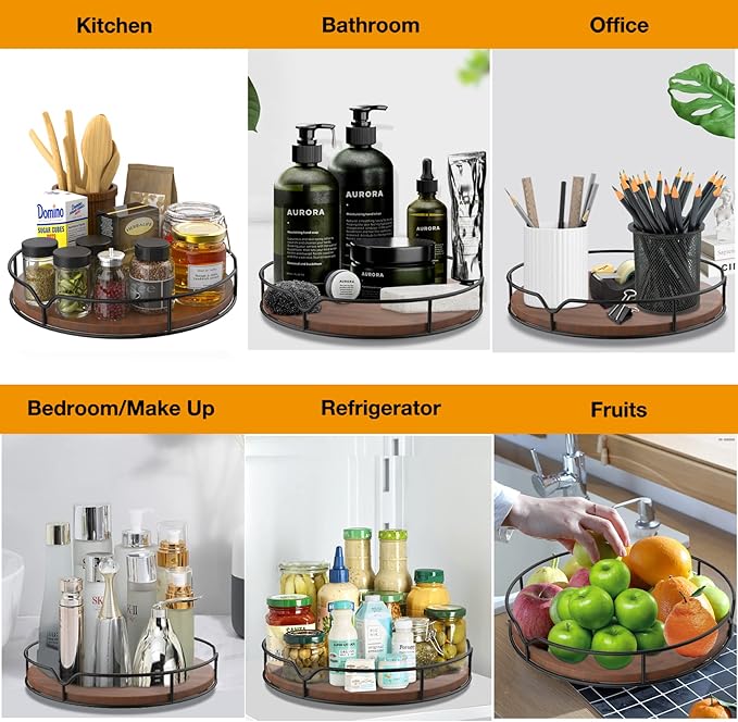 Lazy Susan Turntable Organizer with Anti-slip Mat for Cabinet Pantry Kitchen Countertop Refrigerator Office, Pine Wood, 10", Brown
