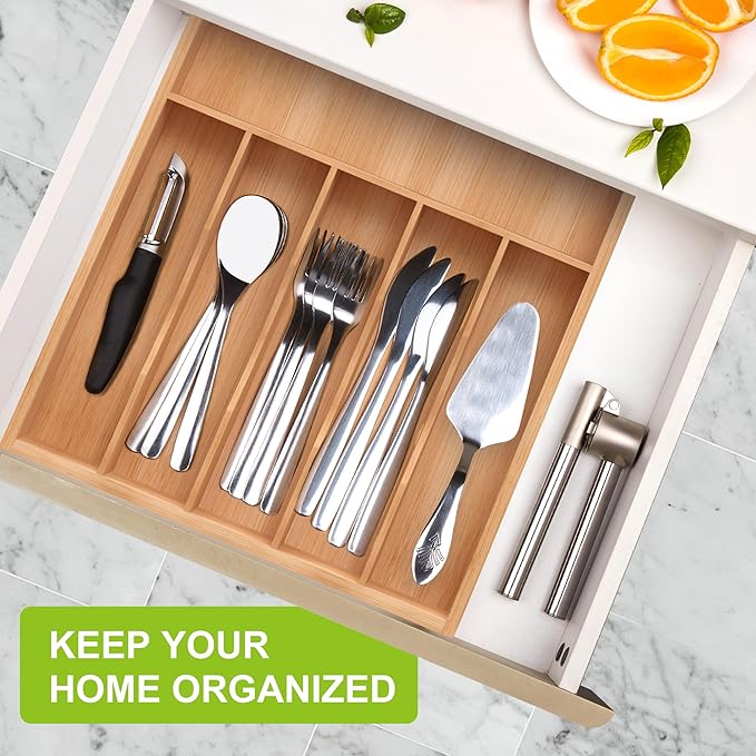 Sliverware Organizer, Bamboo Kitchen Drawer Organizer, Flatware Organizer Tray Holder for Sliverware, Utensil & Cutlery (7 Slots, Natural)