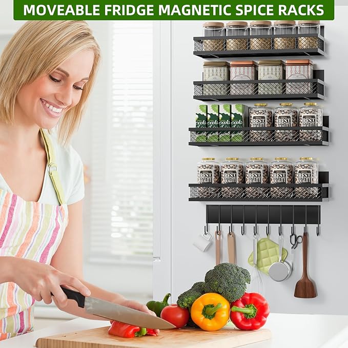Magnetic Spice Rack for Refrigerator, 5 Pack Magnetic Shelf for Refrigerator, Moveable Fridge Magnetic Spice Racks with 10-Hook Rack for Kitchen Organizers and Storage