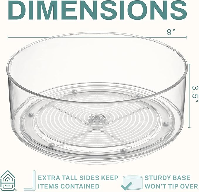 Home Intuition Round Plastic Clear Lazy Susan Turntable Food Storage Container for Kitchen (9" Round, 2 Pack)