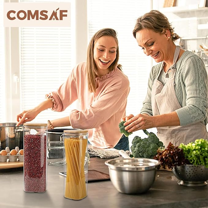 ComSaf Glass Spaghetti Pasta Storage Containers with Lids 73oz Set of 3, Tall Clear Airtight Food Storage Jar with Lid for Noodles Flour Oat Cereal Sugar Beans, Sqaure Spaghetti Pantry Containers