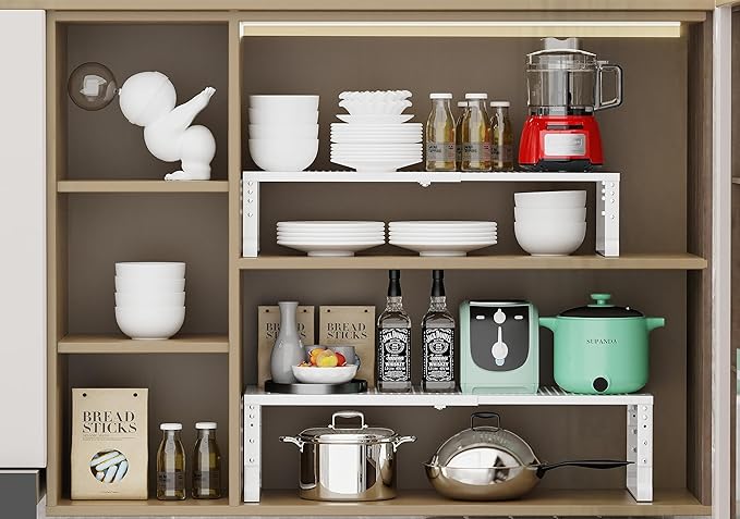 Expandable Adjustable Stackable Kitchen Organizer, Spice Rack,Metal Pantry Storage Shelves Racks,Counter Shelf for Cabinets, Countertop, Cupboard(1 Pack/Medium/White)