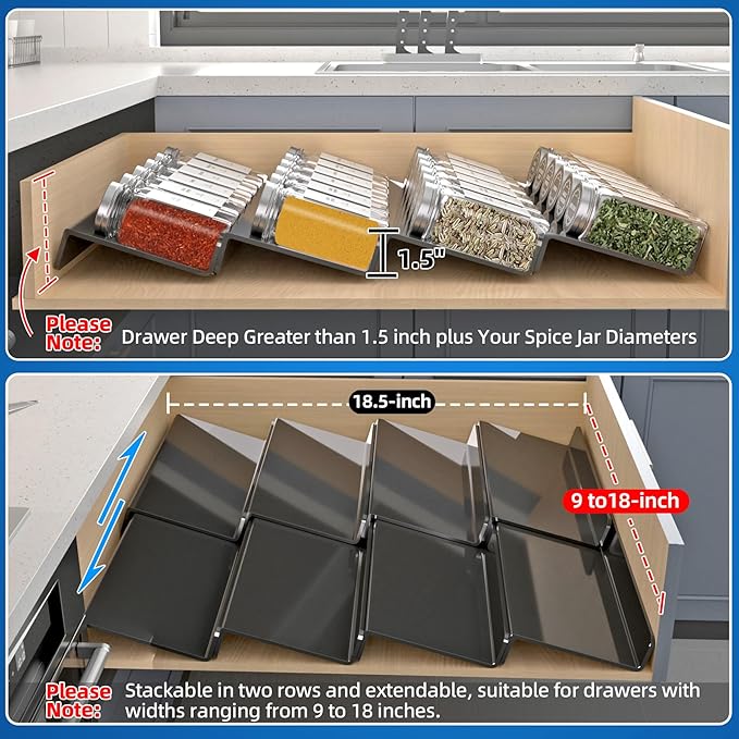 MIUKAA Black Spice Drawer Organizer, 4 Tier- 8 Pack Acrylic Drawer Seasoning Organizer, Expandable From 9'' to 18''Kitchen Spice Rack Tray for Drawer/Countertop (Jars not included)