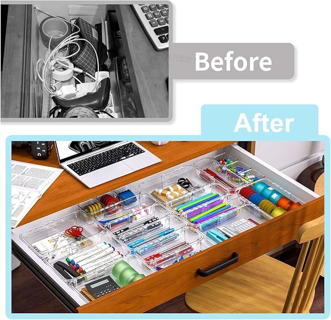 15 Pcs Clear Extendable Drawer Organizer,Adjustable Vanity Storage Box, 2-Size Desk Drawer Organizer, Acrylic Storage Bin for Makeup, Cosmetic,Desk Organizer Gadgets for Bathroom Bedroom Kitchen