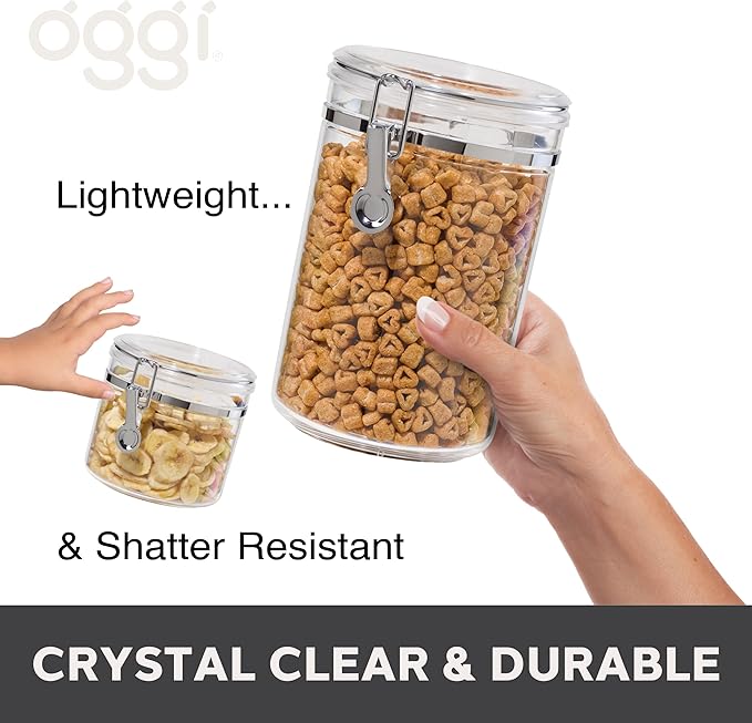 Oggi 4pc Clear Canister Set with Clamp Lids & Spoons - Airtight Food Storage Containers, Ideal for Kitchen & Pantry Storage of Bulk, Dry Food Including Flour, Sugar, Coffee, Rice, Tea, Spices & Herbs