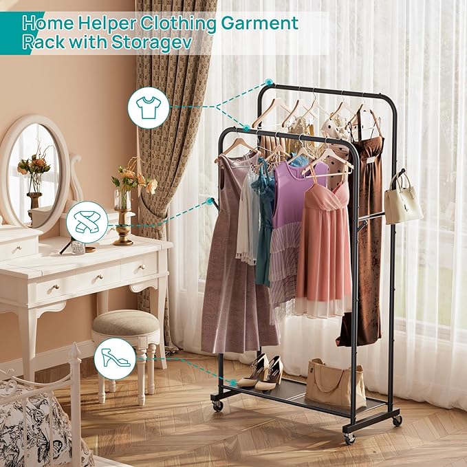 SINGAYE Clothes Clothing Rack Drying Clothing Garment Coat Hanger Rack Metal Double Bar Freestanding for Hanging Clothes Portable With Wheels Rolling Closet for Laundry Bedroom Black