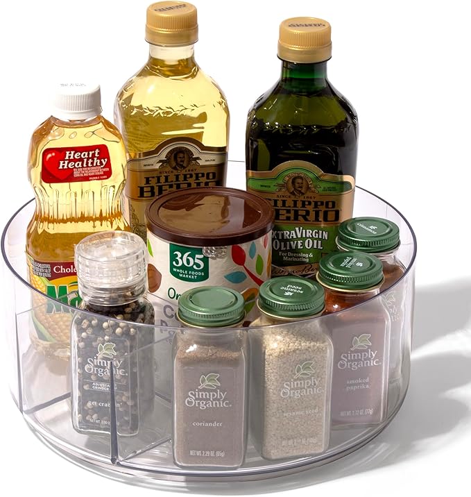 BINO Plastic Round Turntable Organizer with 5 Compartments - Clear | Spinning Divided Turntable Container | Rotating Organizer Storage for Bottle Condiments Fridge Kitchen Counter Pantry Bathroom